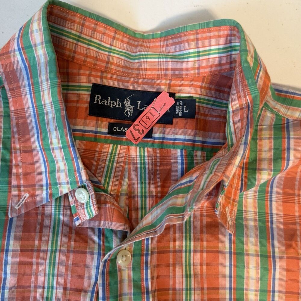 Ralph Lauren Mens Large Plaid Button Down Shirt Short Sleeve Orange Green Cotton